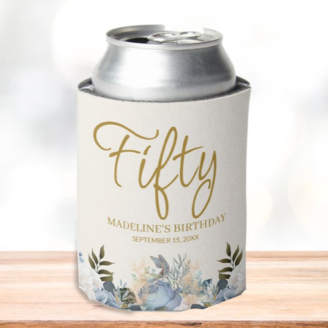 Porta-lata Dusty Blue White Floral 50º Aniversário (Fifty 50th birthday party can cooler)