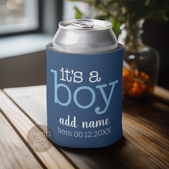 Porta-lata É um menino - moderno, Whimsical Baby Name e Photo (Personalized Can Cooler - Add Custom Text or Name)