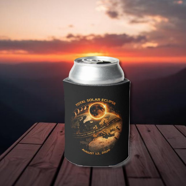 Porta-lata Eclipse Total do Sol 12 de Agosto de 2026-Caminho  (Zazzle Total Solar Eclipse August 12 2026-Path of Totalit Can Cooler )