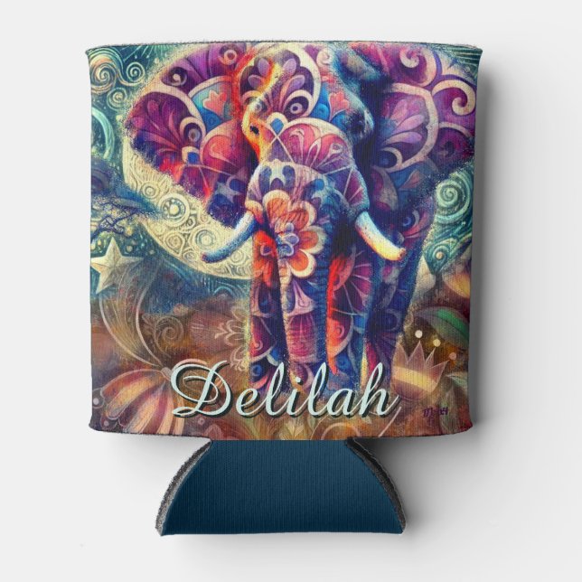 Porta-lata Elefante Whimssso na Noite Azul Estrelas Roxas Lua (Frente)