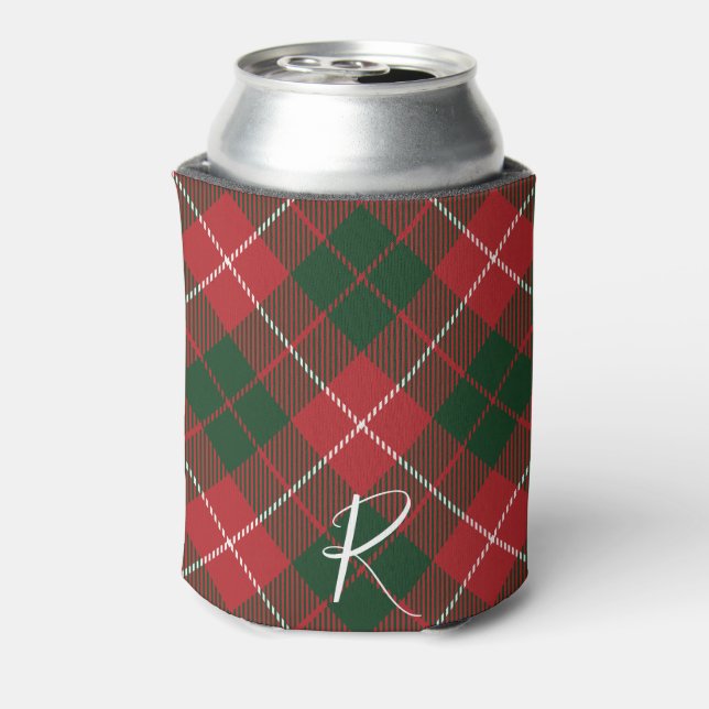 Porta-lata Elegant Plaid Red Green Tartan Monogram Custom (Can Back)