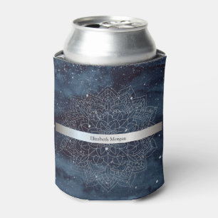 Porta-lata Elegante Mandala Prateado Moderno com Faixa Azul-M