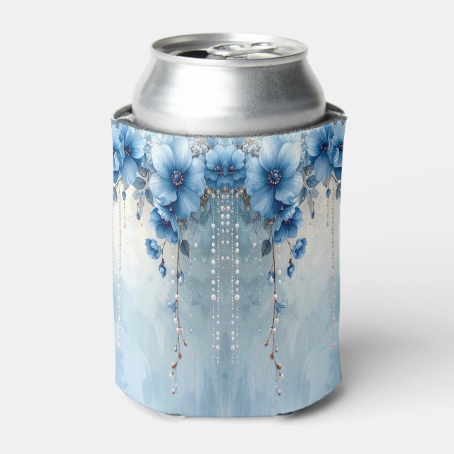 Porta-lata Enfeite de Flores Azuis e Pérolas para Lata (Can Front)