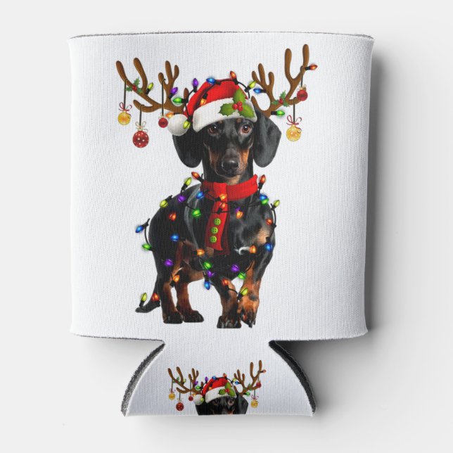 Porta-lata Engraçado Dachshund natal Reindee de Natal Luz (Frente)