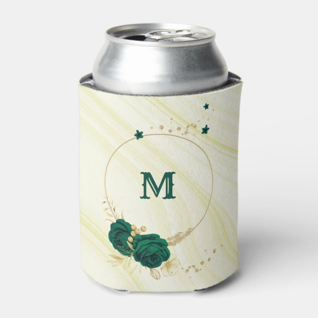 Porta-lata esmeralda flores verdes ouro folhas mármore (Can Front)