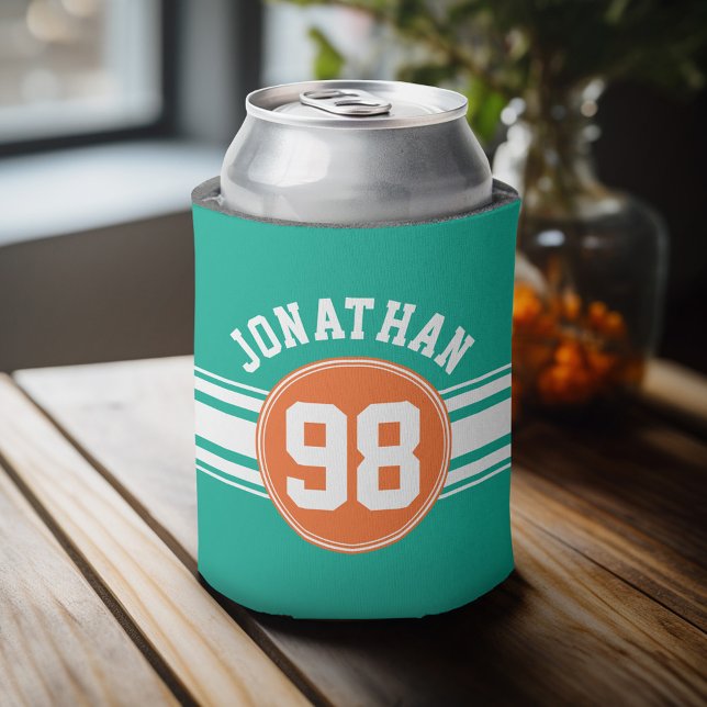 Porta-lata Esportes Jersey Stripes Emerald & Orange Name Numb (Personalized Can Cooler - add a name and custom text to this sports jersey design)
