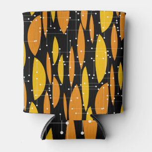 Porta-lata Estilo atômico, padrão geométrico laranja preto.