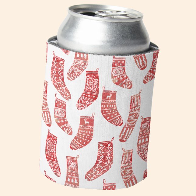 Porta-lata Estoque de Natal Nórdico (Nordic Stockings red and white Scandinavian festive Christmas can cooler)