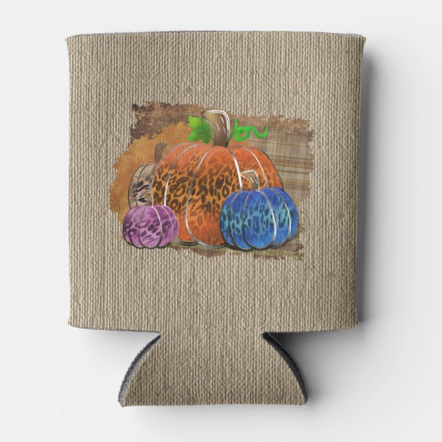 Porta-lata Fall Leopard Print Autumn Pumpkins On Plaid (Frente)