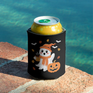 Porta-lata Fantasma Fofo Bebendo Café Gelado Halloween 