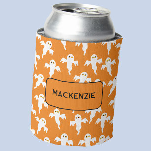 Porta-lata Fantasma Halloween Personalizado Laranja e Branco