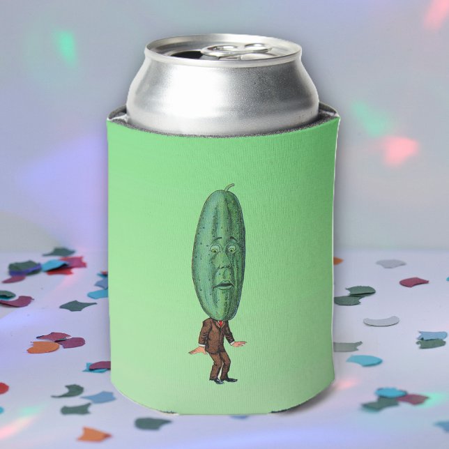 Porta-lata Fantasy Pickle Man Brown Suit (Cool man brown suit with big green pickle head with face on green drink can cooler.)