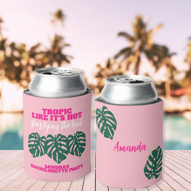 Porta-lata Favor de Bachelorette Rosa Monstera, Glitter Tropi (Tropical Glitter Monstera Pink Bachelorette Favor Can Cooler)