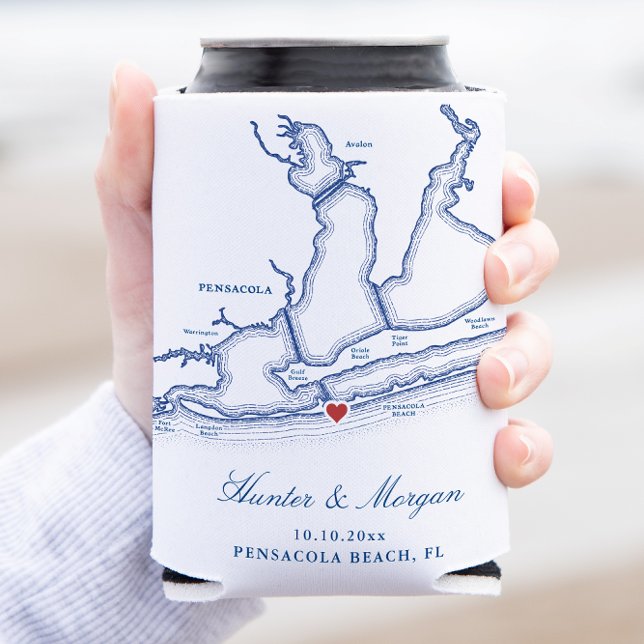 Porta-lata Favor de Casamento do Mapa da Flórida de Pensacola (Pensacola Beach Florida koozie wedding favor can cooler map coozie from Coastal Map Designs)