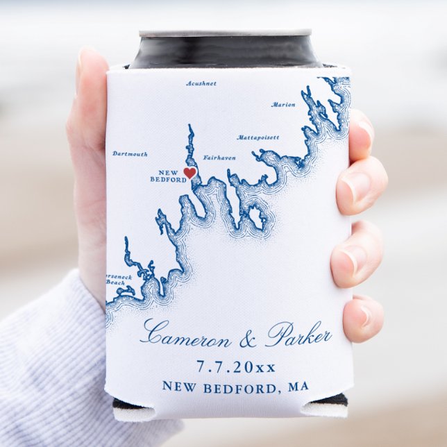 Porta-lata Favor de casamento Mapa de New Bedford (New Bedford Wedding Favor Can Cooler Can Cozy in elegant navy blue by Coastal Map Designs)