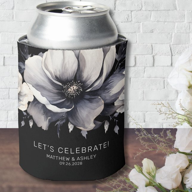 Porta-lata Favor do Casamento Negra Floral Moderno Elegante (Modern Elegant Floral Black White Wedding Favor Can Cooler)