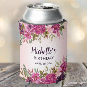 Porta-lata Favoritos de aniversário florais rosa roxo elegant