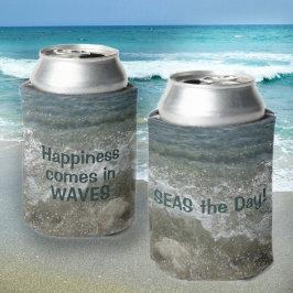 Porta-lata Felicidade vem nas ondas do mar na praia do dia