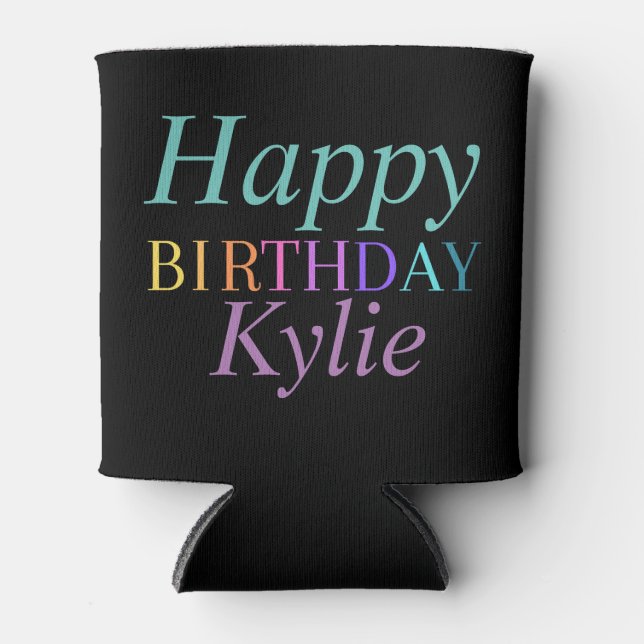 Porta-lata Feliz Aniversário Colorido Texto para Mulheres (Frente)