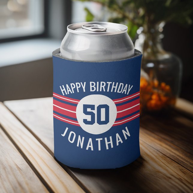 Porta-lata Feliz Aniversário do Esporte Jersey Stripes Nome e (Personalized Can Cooler - add Your Name or Other Custom Text)