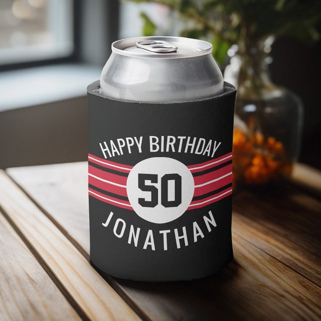 Porta-lata Feliz Aniversário do Esporte Jersey Stripes Nome e (Personalized Can Cooler - add Your Name or Other Custom Text)
