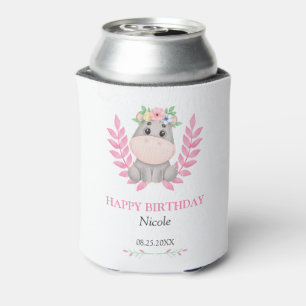 Porta-lata Feliz Aniversário do Hippo Floral Pink Folaf Cute