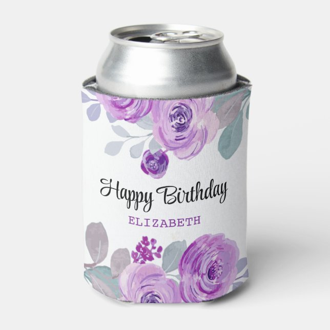 Porta-lata Feliz Aniversário do Pastel Purple Rosa Greenery (Can Front)