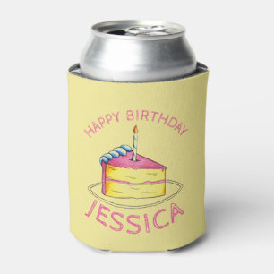 Porta-lata Feliz Aniversário Pink Yellow Birthday Cake Favor