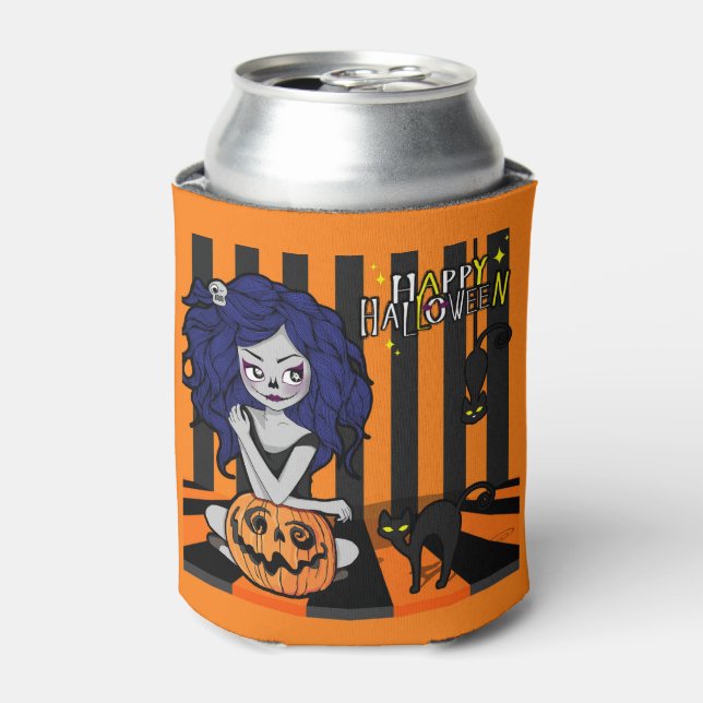 Porta-lata Feliz Halloween, Garota Boneca, Abóboras e Morcego (Can Front)