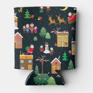 Porta-lata Feliz Natal com uma família alegre e neve