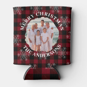 Porta-lata Feliz Natal Foto Personalizada Xadrez Vermelha Pre