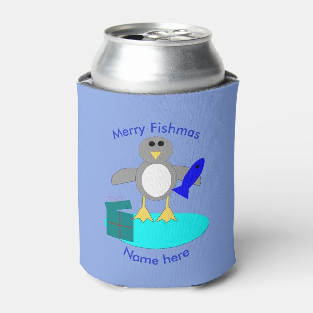 Porta-lata Feliz Natal Pesca Pinguim Arrefecedor (Can Front)