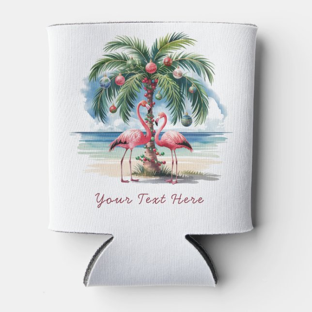 Porta-lata Feliz Natal Rosa Flamingo Personalizado Pode (Frente)