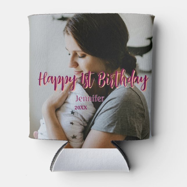 Porta-lata Feliz primeiro aniversario, bebê mãe vermelha, lar (Frente)