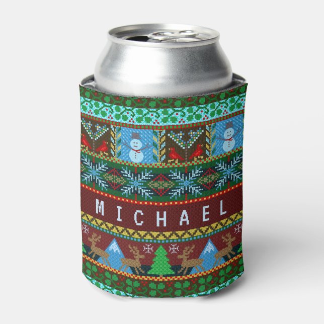 Porta-lata Feriado de Reindeer de Natal Knit | Nome (Can Front)