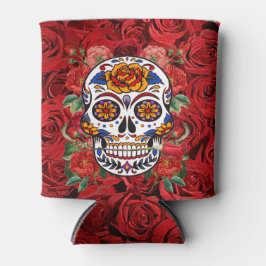 Porta-lata Feriados de Rosas vermelhas rosa com o crânio do a