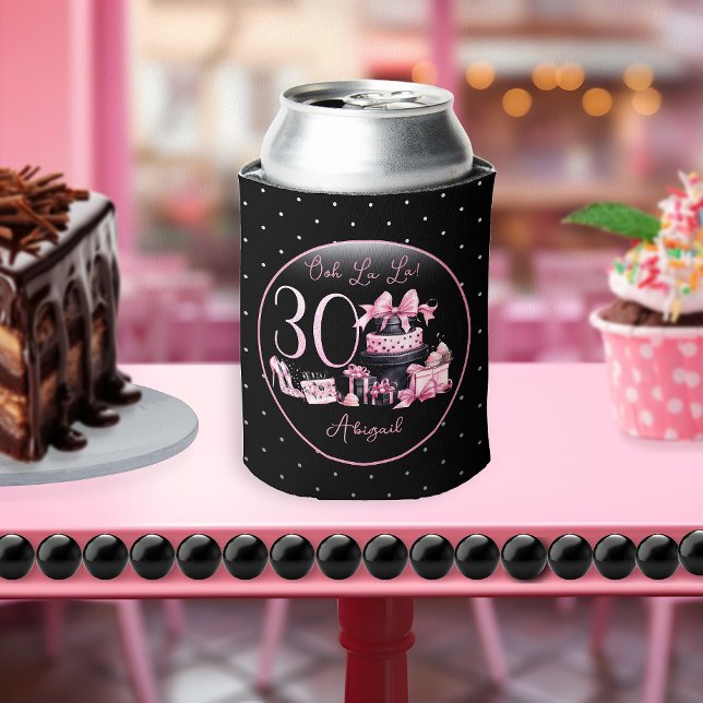 Porta-lata Festa de aniversário de 30 anos de Moda Preta Glam (Glam Pink and Black French Couture Fashion 30th Birthday Party Can Cooler)