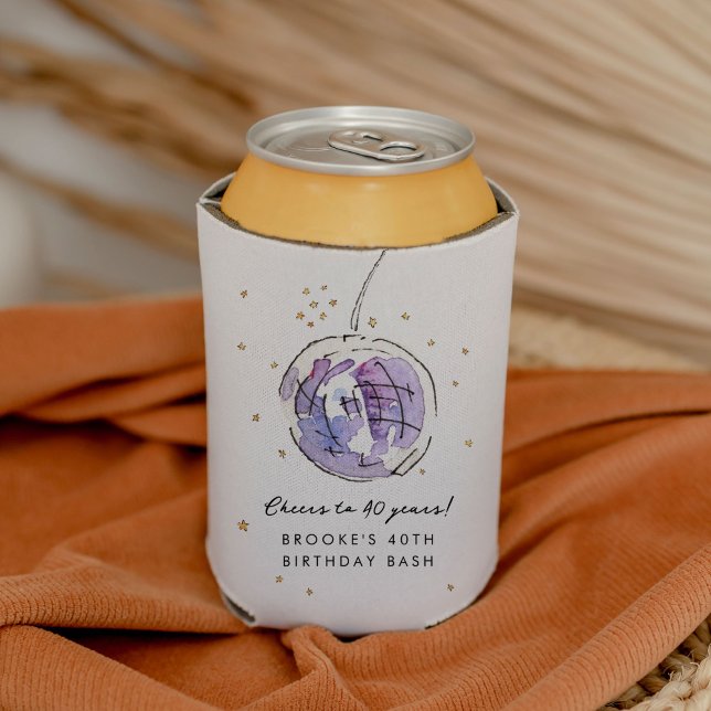 Porta-lata Festa de aniversário de Aquarela de Disco Estudada (Purple disco ball watercolor illustration birthday party personalized can cooler.)