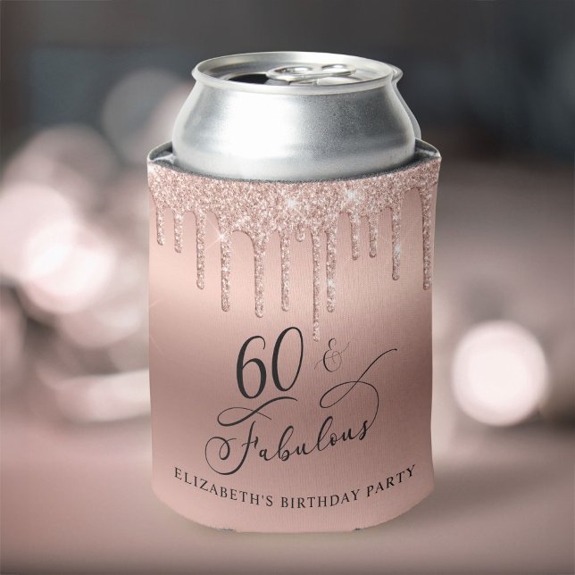 Porta-lata Festa de aniversário Dourada Glitter 60ª rosa (Toast to her 50 years of sparkle with an elegant rose gold glitter can cooler  🎉 🎂 🥂)