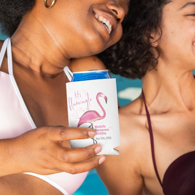 Porta-lata Festa de aniversário Flamingo Rosa Personalizada (Custom personalized birthday pink flamingo can cooler. )