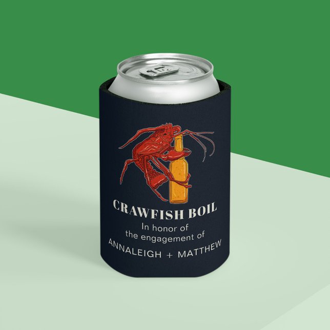 Porta-lata Festa de Engajamento do Ensopado de Lagostim e Fru (Crawfish Boil Engagement Navy Blue Party Can Cooler)