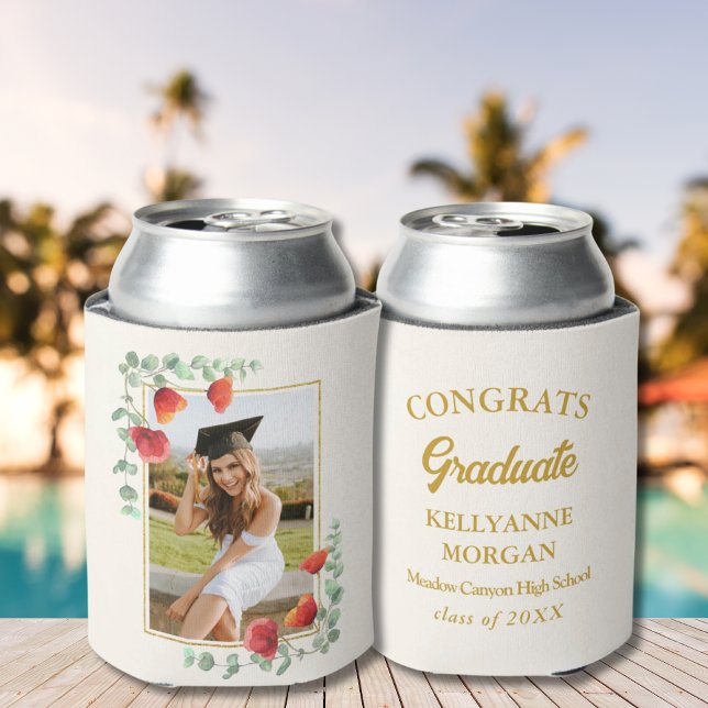 Porta-lata Festa de Piscina de Graduação Floral Elegante Wate (Elegant Watercolor Floral Graduation Pool Party Can Cooler)