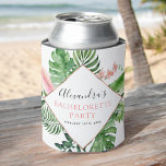 Porta-lata Festa de solteira de Palmas Tropicais de Rosa Dour<br><div class="desc">Palmas Tropicais Flores Florais Watercolor Bachelorette Weekend Party Can Cooler - inclui belíssima e elegante tipografia com modernas flores rosa-pinceladas botânicas e verde tropical havaiano para a festa especial Bride Be.</div>
