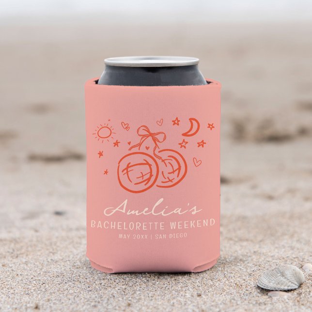 Porta-lata Fim de Semana de Despedida de Solteira Disco Esboç (Pink and red disco bachelorette party personalized can cooler.)
