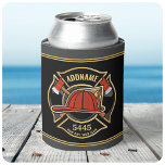 Porta-lata Firefighter ADD NAME Fire Station Department Badge<br><div class="desc">Firefighter NAME Fireman Fire Department - Emblem with Red Helmet and Axe. Customize with your Name,  Station/Dept Number and location.</div>