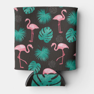 Porta-lata Flamingo, folhas de palma: aquarela tropical.