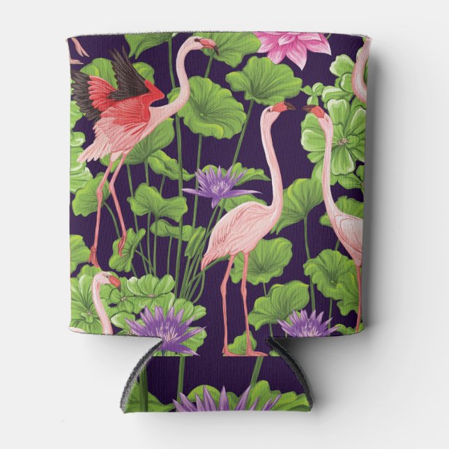 Porta-lata Flamingo, plantas tropicais, fundo negro. (Frente)