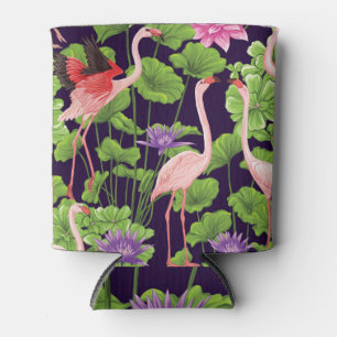 Porta-lata Flamingo, plantas tropicais, fundo negro.