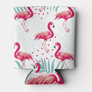 Porta-lata Flamingo tropical e folhas, padrão de verão.