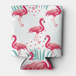 Porta-lata Flamingo tropical e folhas, padrão de verão.